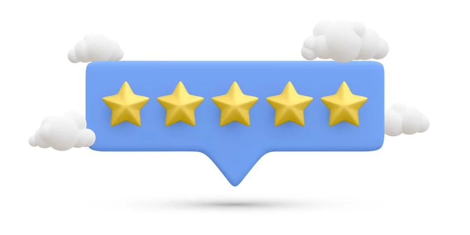 3d realistic bubble rating five stars with clouds for excellent services. Cus Stock-Illustration