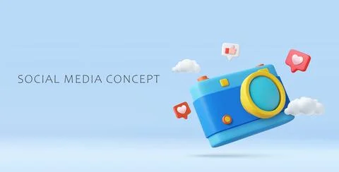 3d realistic camera and social icons Stock Illustration