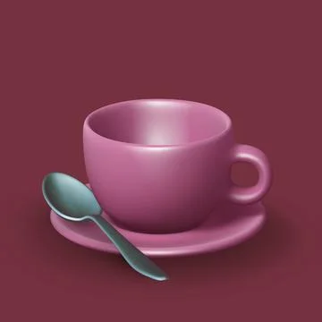 3D realistic ceramic cup with saucer and spoon Stock Illustration