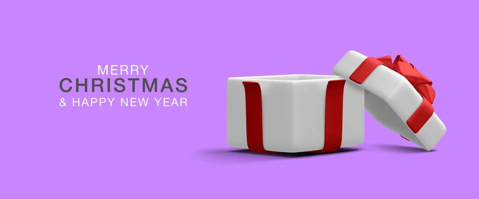 3d realistic christmas empty open gift box template in cartoon style on light Illustrazione stock