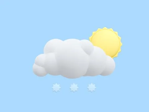 3d realistic cloud and sun with snowflakes in cartoon style isolated on blue Stock Illustration