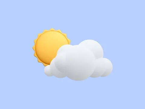 3d realistic cloud with sun in cartoon style isolated on blue background. Wea Illustrazione stock