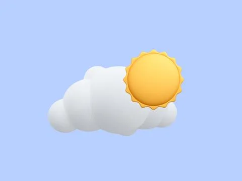 3d realistic cloud with sun in cartoon style isolated on blue background. Wea Stock-Illustration