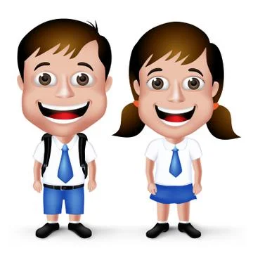 3D Realistic Cute School Boy and Girl Student Characters Stock Illustration