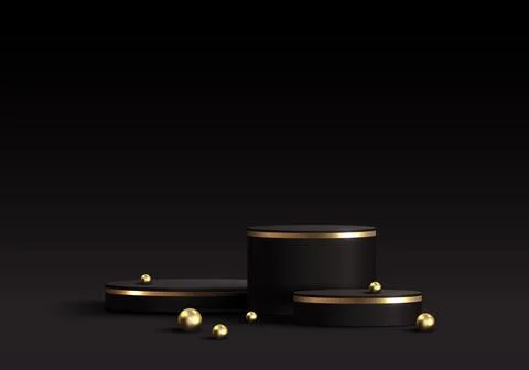 3D realistic elegant black and gold cylinder podium decoration golden ball .. Stock Illustration
