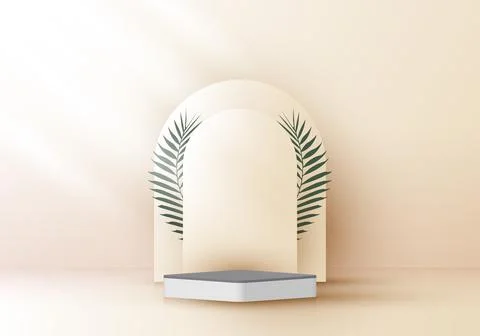 3D realistic elegant white square layers rounded backdrop with tropical palm Stock Illustration