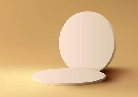 3D realistic empty beige podium platform stand with circle backdrop on yell.. Stock Illustration