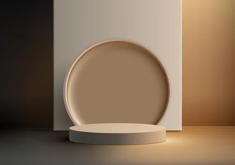 3D realistic empty beige podium stand with circle backdrop on brown backgro.. Stock Illustration