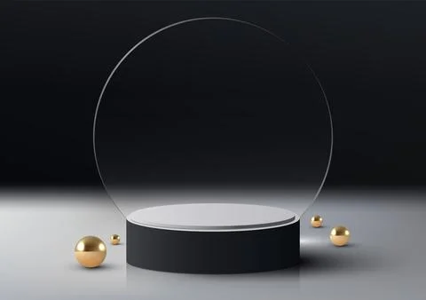3D realistic empty black and white podium platform with circle transparent .. Stock Illustration