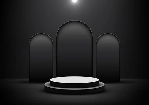 3D realistic empty black and white podium stand with door on dark backgroun.. Stock Illustration