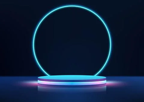 3D realistic empty blue and pink neon colors podium with circles glowing bl.. Stock Illustration