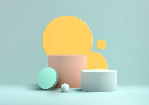 3D realistic empty blue and pink podium pedestal stand with yellow circle b.. Stock Illustration