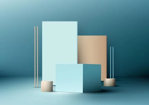 3D realistic empty blue box podium stand with geometric rectangle backdrop .. Illustrazione stock