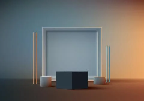 3D realistic empty blue box podium stand with geometric square backdrop on .. Stock Illustration