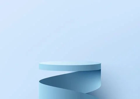 3D realistic empty blue podium stand swirl spiral ribbon minimal wall scene.. Stock Illustration