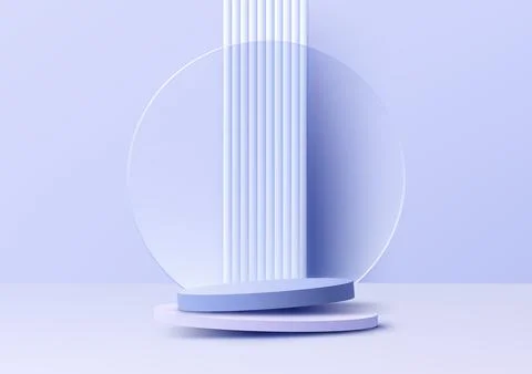 3D realistic empty blue podium pedestal stand with circle transparent glass.. Illustrazione stock