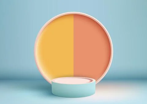 3D realistic empty blue podium stand with yellow and pink circle backdrop o.. Stock Illustration
