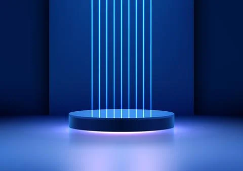 3D realistic empty blue podium stand with blue neon laser lines backdrop on.. Stock Illustration