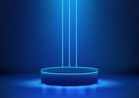 3D realistic empty blue podium stand with blue neon laser lines backdrop on.. Stock Illustration