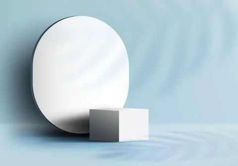 3D realistic empty cube white podium pedestal on blue background with oval .. Stock Illustration
