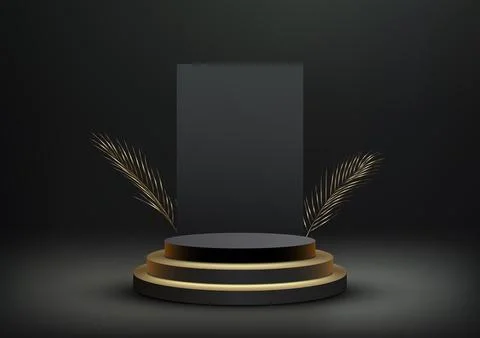 3D realistic empty gold and black cylinder podium stand with rectangle back.. Stock Illustration