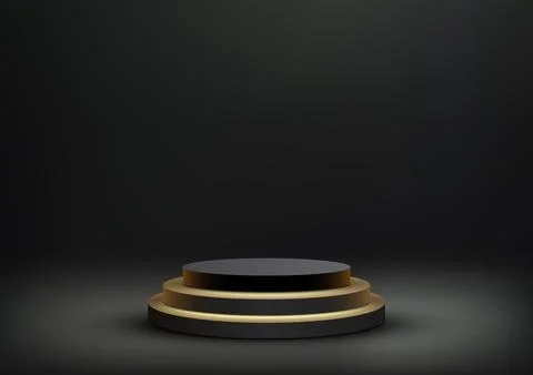 3D realistic empty gold and black cylinder podium stand on dark background .. Stock Illustration