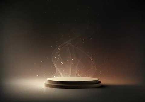 3D realistic empty gold podium stand with smoke and dust particles elements.. Stock Illustration