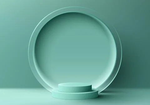 3D realistic empty green podium stand with circle transparent glass backdro.. Stock Illustration