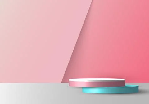 3D realistic empty pink, blue and white round pedestal mockup overlapped on s 스톡 일러스트