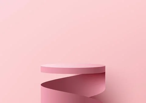 3D realistic empty pink podium stand swirl spiral ribbon minimal wall scene.. Stock Illustration