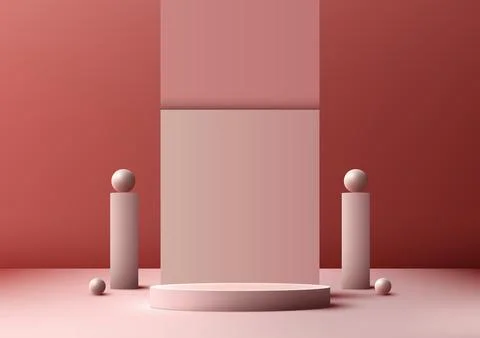 3D realistic empty pink podium stand on pink background decoration with geo.. Stock Illustration