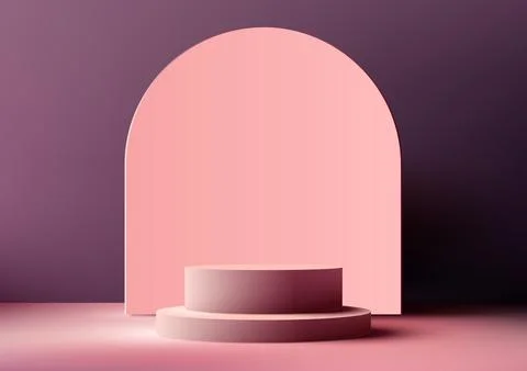 3D realistic empty pink podium platform stand with geometric rounded backdr.. Stock Illustration