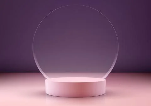 3D realistic empty pink podium stand with circle transparent glass backdrop.. Stock Illustration