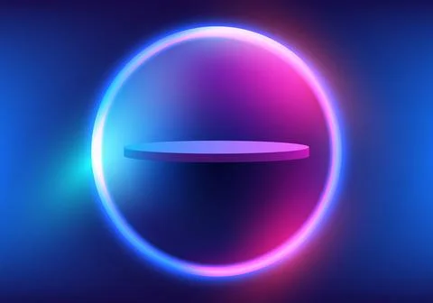 3D realistic empty podium floating in the air with circles blue and pink gl.. Stock Illustration