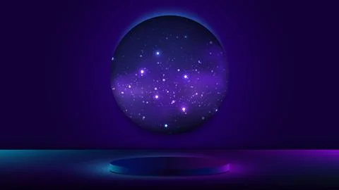 3D realistic empty podium pedestal neon lights colors with world circle blue Stock Illustration