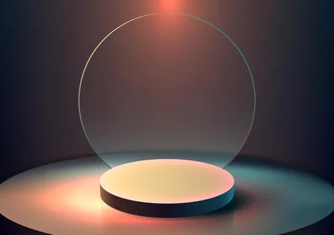 3D realistic empty podium platform with transparent glass circle backdrop o.. Stock Illustration