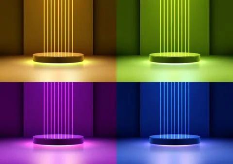 3D realistic empty podium stand with neon colors laser lines backdrop on vi.. Stock Illustration