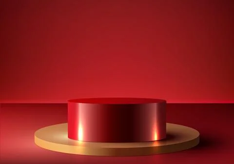 3D realistic empty red and gold podium stand on red background modern luxur.. Stock Illustration
