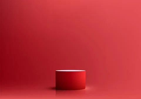 3D realistic empty red podium pedestal stand minimal wall scene on red back.. Stock Illustration