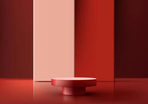 3D realistic empty red podium platform or table with red geometric backdrop.. Stock Illustration