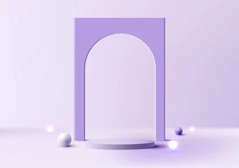 3D realistic empty studio room purple cylinder podium stand and door backdrop Stock Illustration