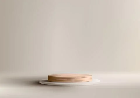 3D realistic empty studio room wooden cylinder podium pedestal stand minima.. Stock Illustration