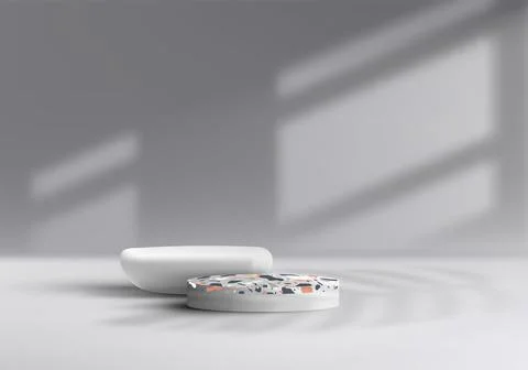 3D realistic empty terrazzo top surface on white podium and stone pedestal .. Stock Illustration