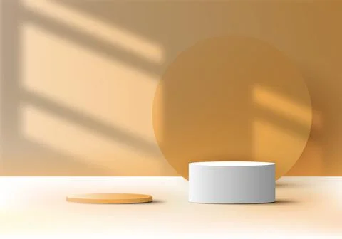 3D realistic empty white and orange podium pedestal stand on orange backgroun Stock Illustration