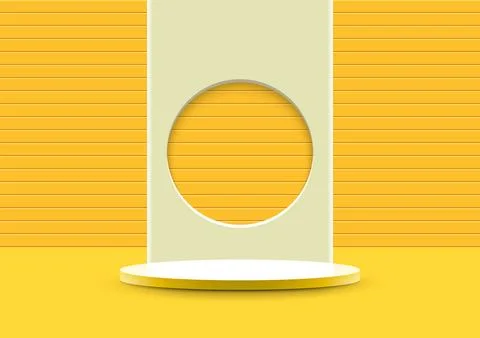 3D realistic empty white podium platform stand with circle backdrop on yell.. Stock Illustration