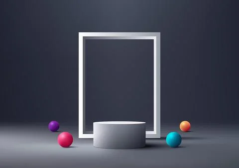 3D realistic empty white podium stand with geometric frame backdrop decorat.. Stock Illustration