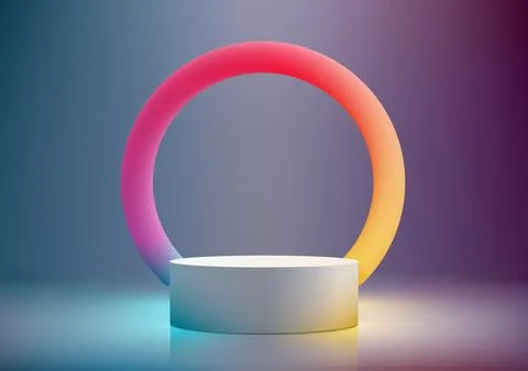 3D realistic empty white podium stand with circle colorful backdrop on blue.. Stock Illustration
