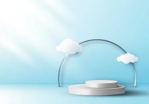 3D realistic empty white round pedestal mockup with cloud paper cut on blue s Stock Illustration