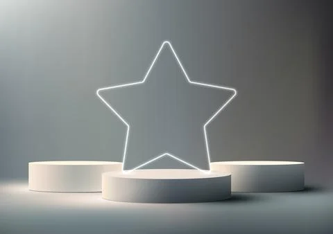 3D realistic empty white winner podium stand with neon star on gray backgro.. Stock Illustration