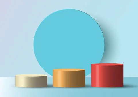3D realistic empty white, yellow, red round step pedestal mockup with blue ci Stock Illustration